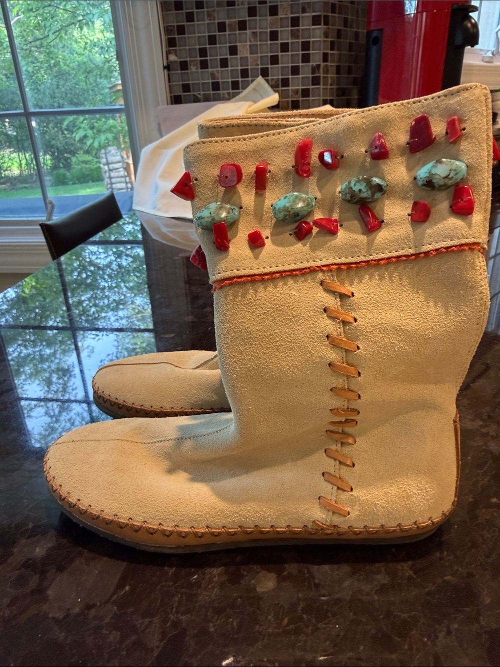 Beige Suede Embellished kids Boots with Turquoise & Red Accents